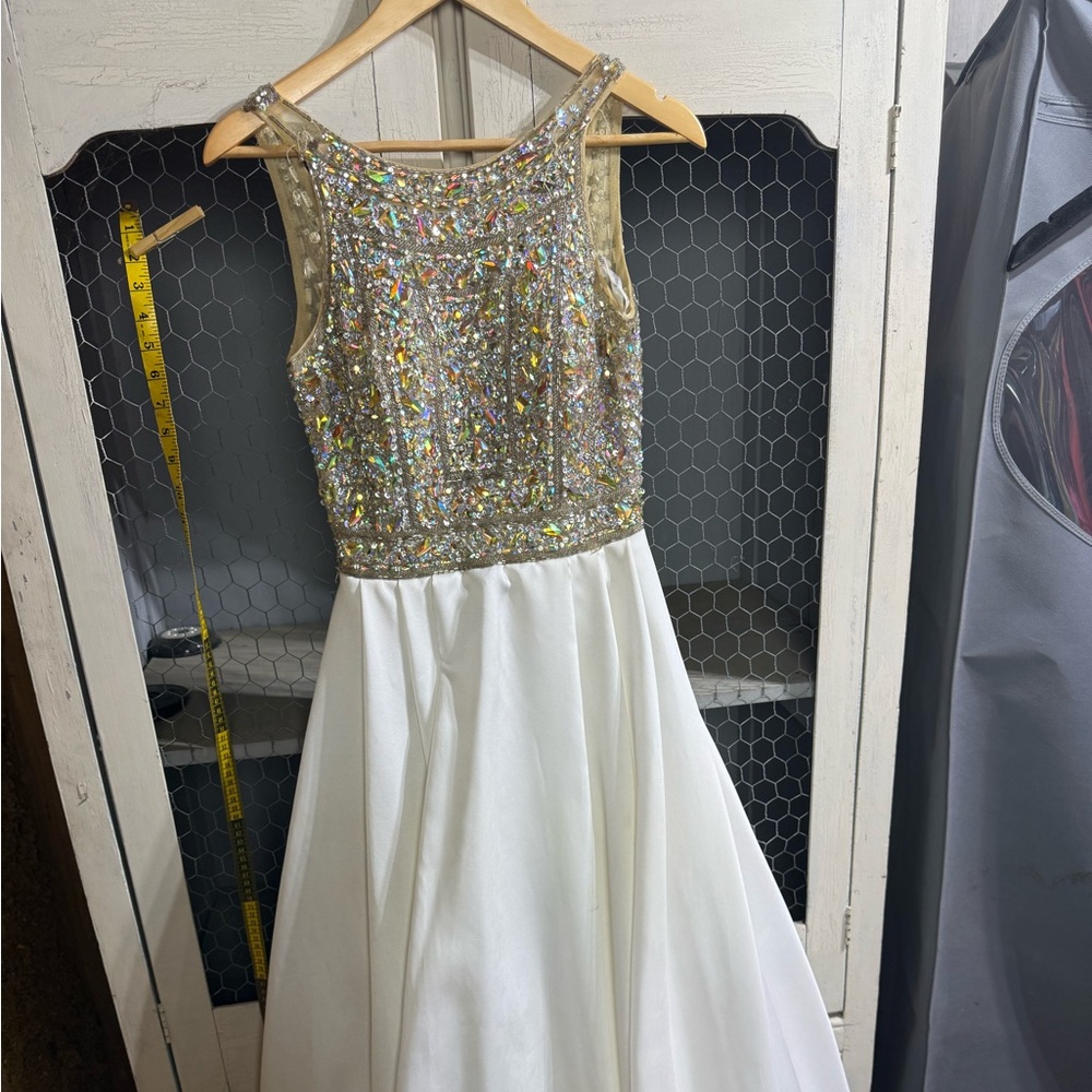Tiffany Designs Sparkling Gold and Girls White Pageant Dress